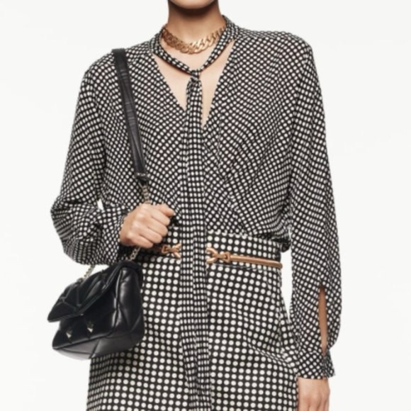 Zara Studio black & white polka dot tie neck blouse - size Small (S) - Picture 1 of 6